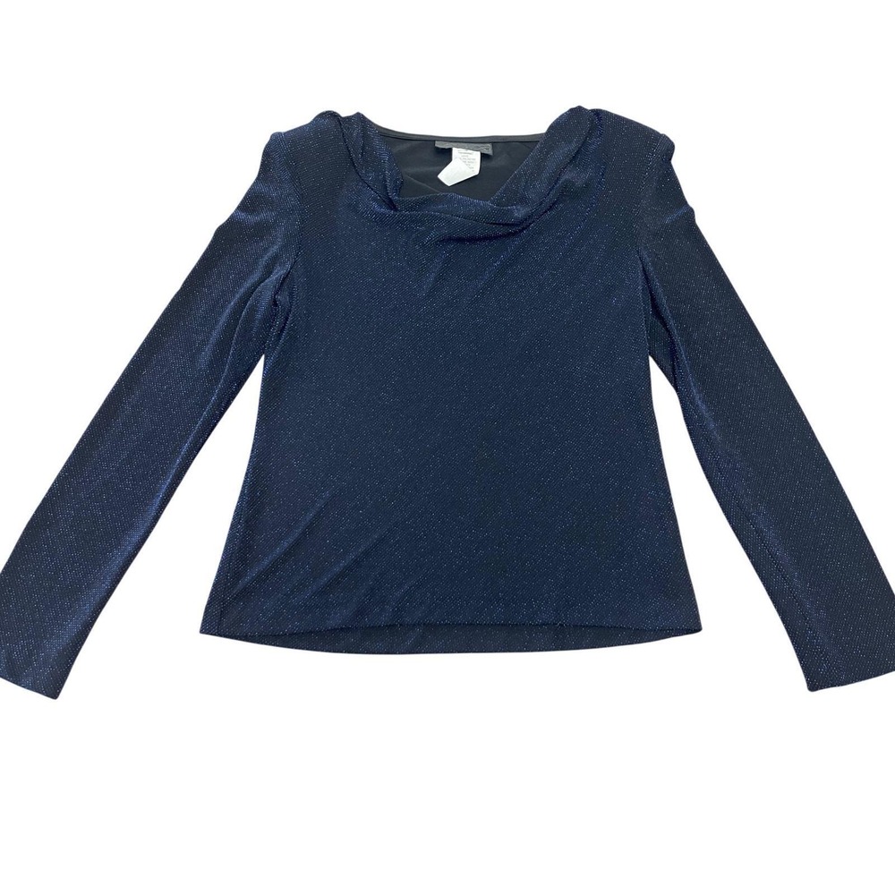 90s Alex Evenings Womens Blue Black Sparkle Cowl Neck Long Sleeve Top Stretch SM